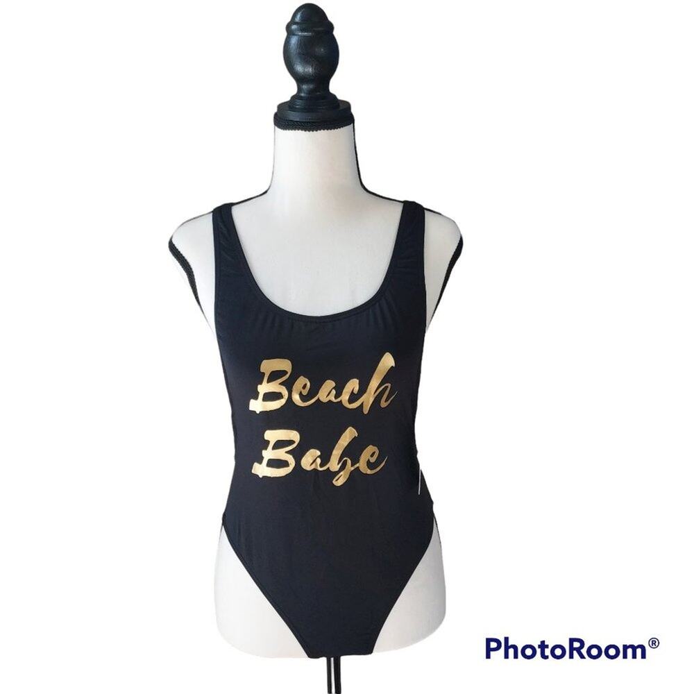 Envya Beach Babe High Leg Black Gold Sexy One Piece Swimsuit Size Small NWT - Picture 3 of 7